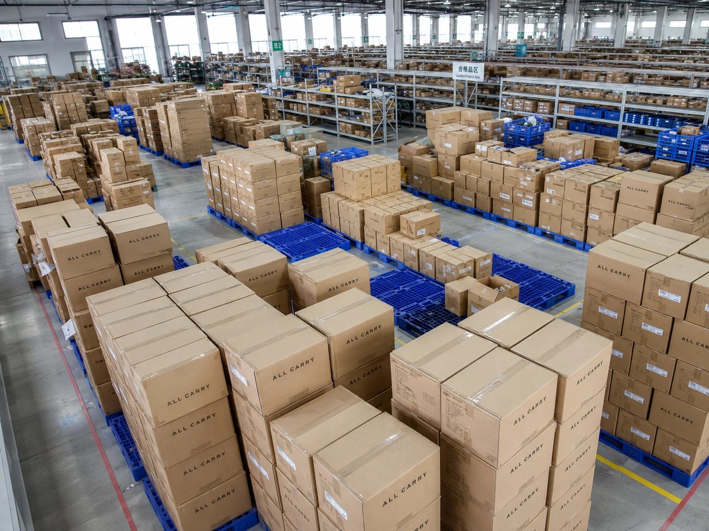 Overhead view of the warehouse floor with palletised cartons staged for dispatch