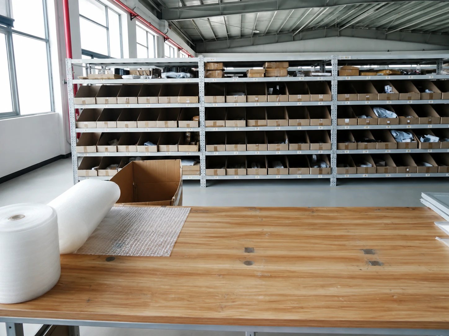 Wall of organised pick bins beside the packing station